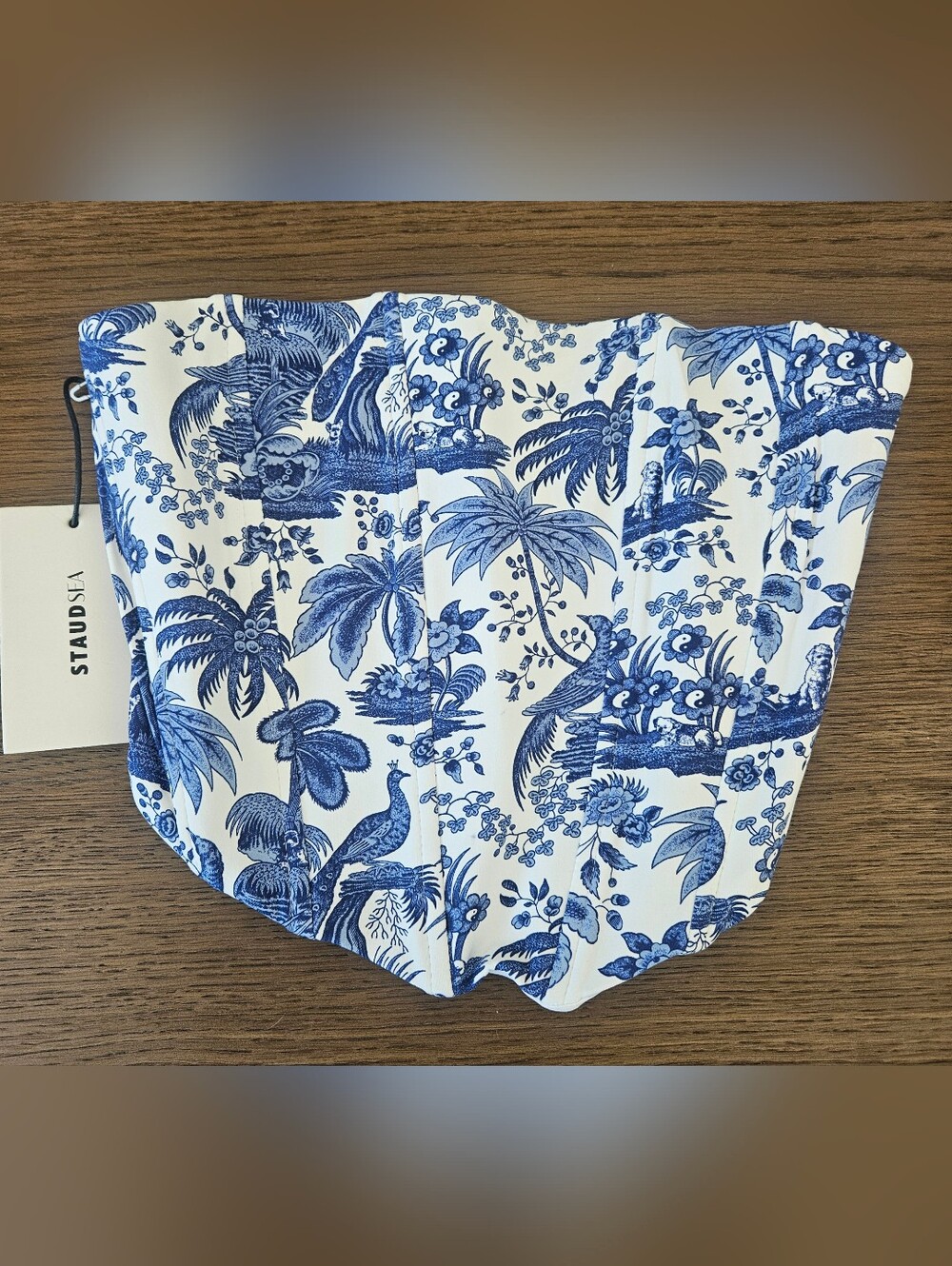 STAUD Blue and White Tropical Print Bikini Corset Top